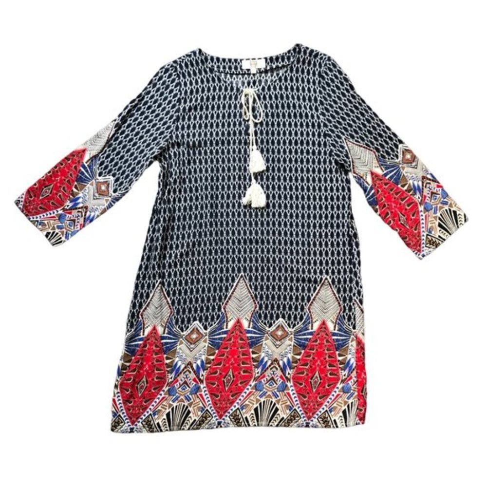 Entro Women's 100% Rayon Boho Geometric Print Tie Neck Shirt Dress Size Medium